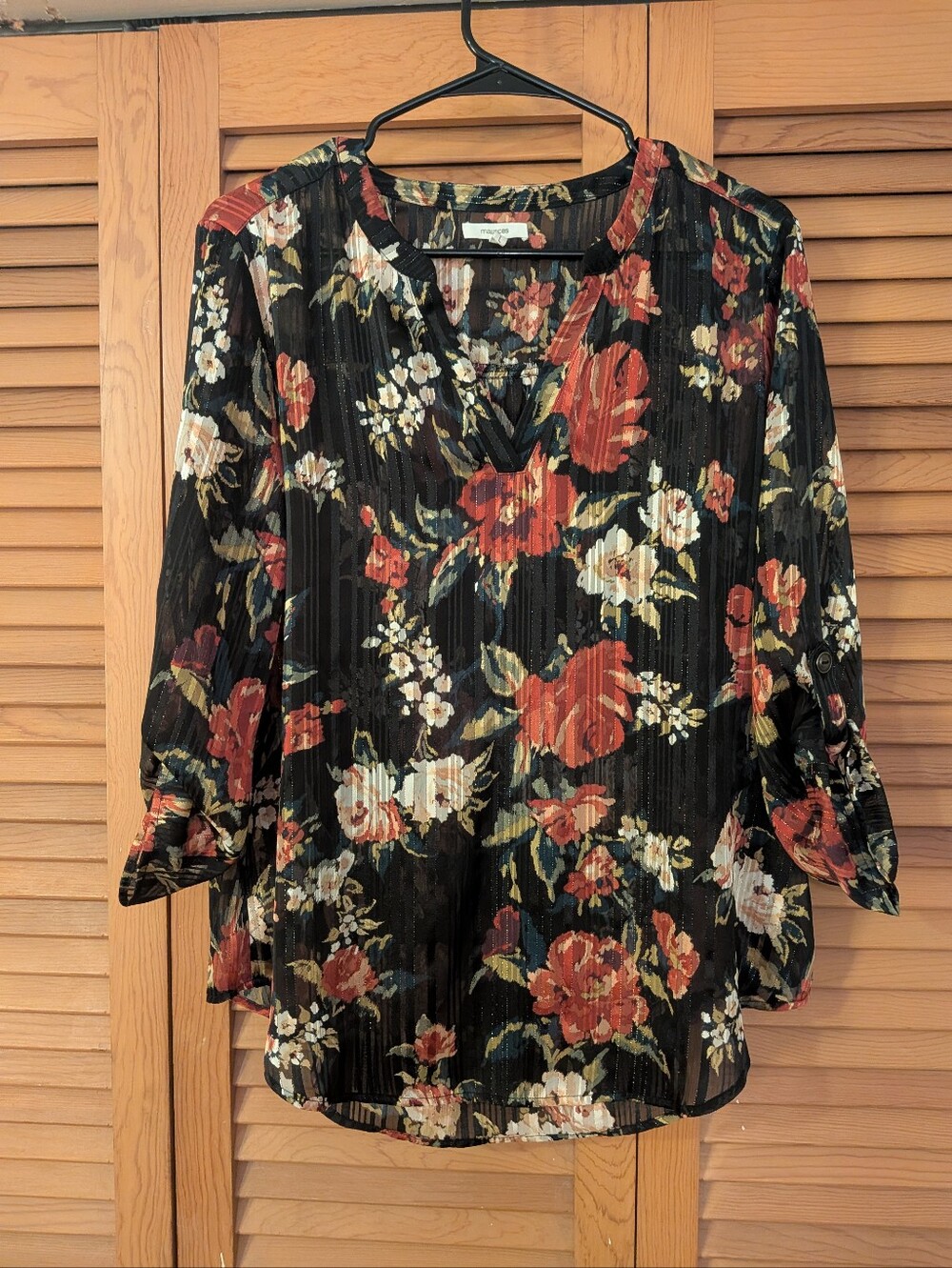 Maurices Black Floral V-Neck Shirt with Red & Cream Blooms